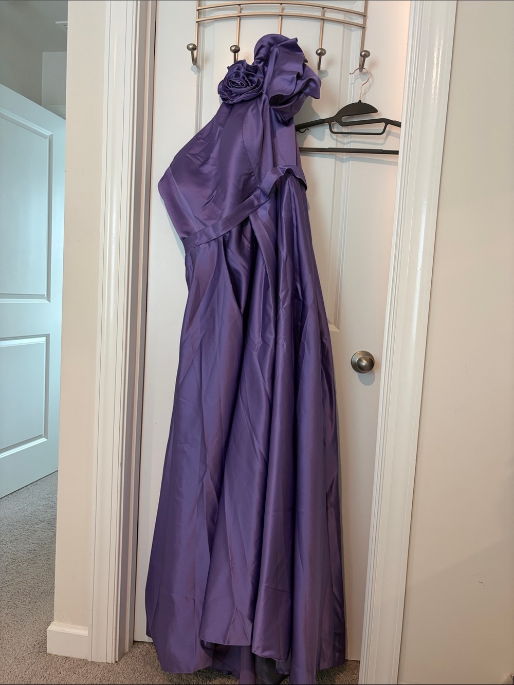 One-Shoulder Purple Evening Gown with Rosette Accent